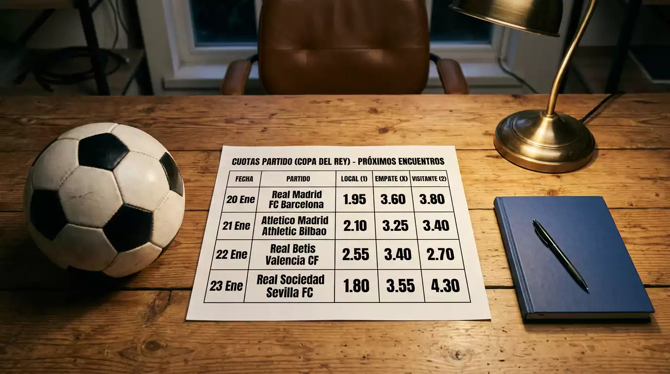 Tabla con cuotas decimales de apuestas y un balón de fútbol sobre una mesa