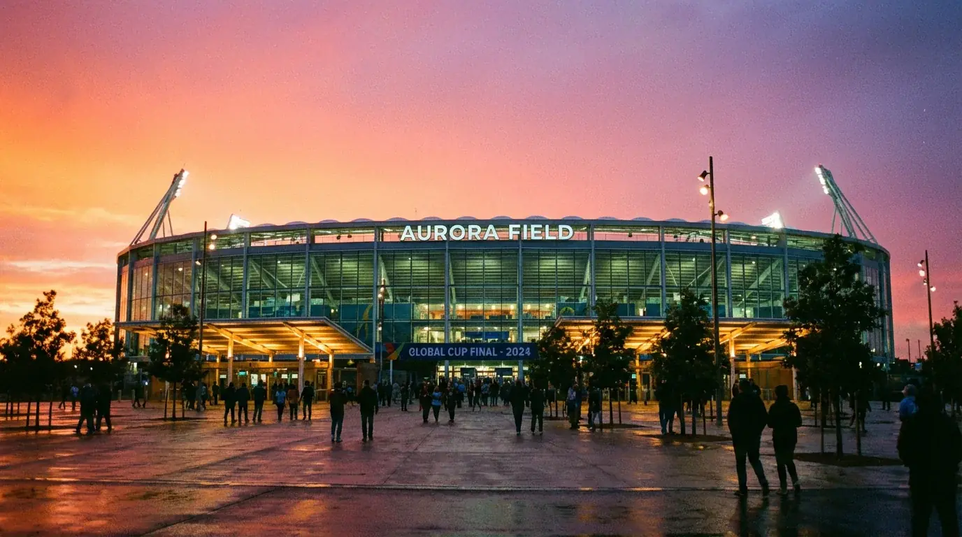 Estadio de fútbol al atardecer con el césped iluminado y las primeras luces encendidas antes de un partido