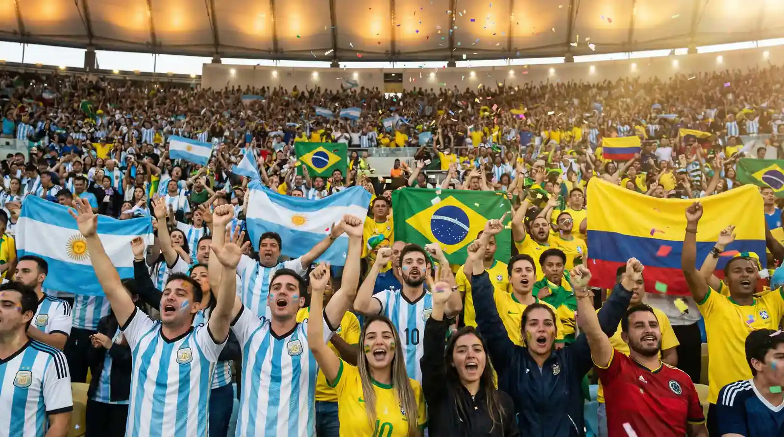 Selecciones sudamericanas en acción durante un partido de eliminatorias con banderas de sus países en las tribunas