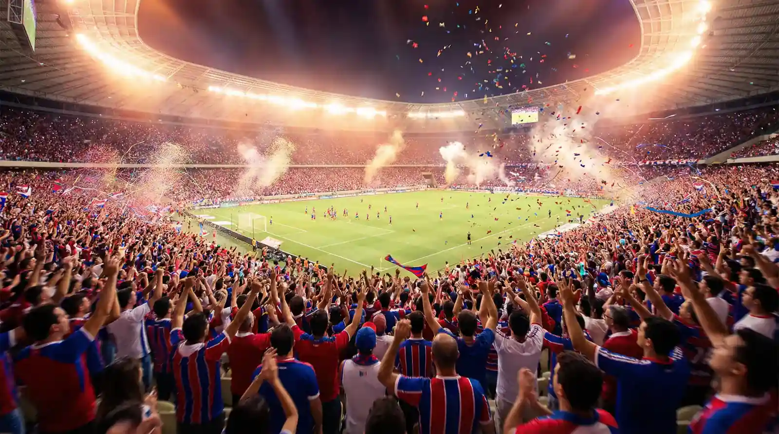 Aficionados celebrando un gol en un estadio del Mundial con confeti y luces de colores