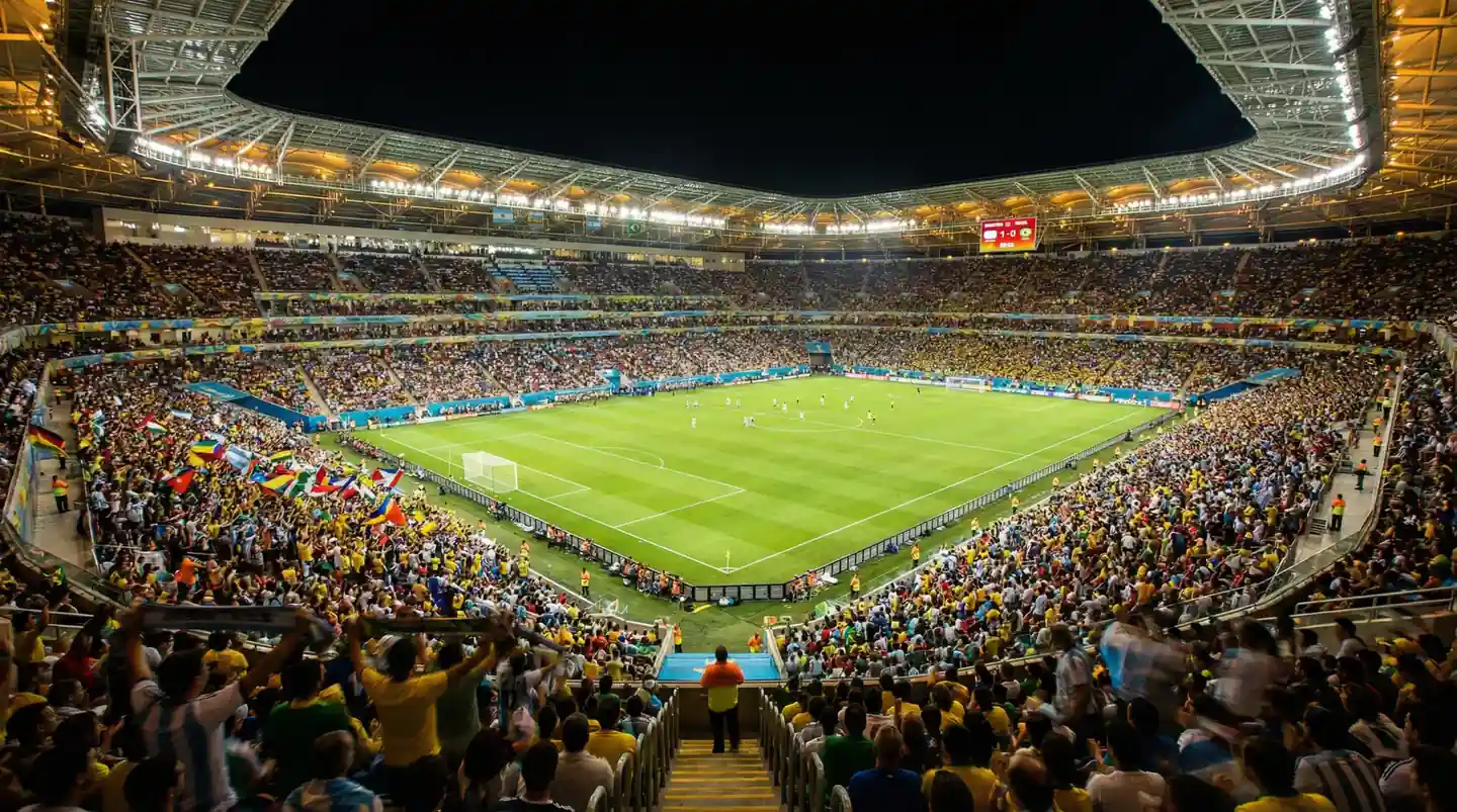 Estadio iluminado durante un partido nocturno del Mundial 2026 con las gradas llenas de aficionados