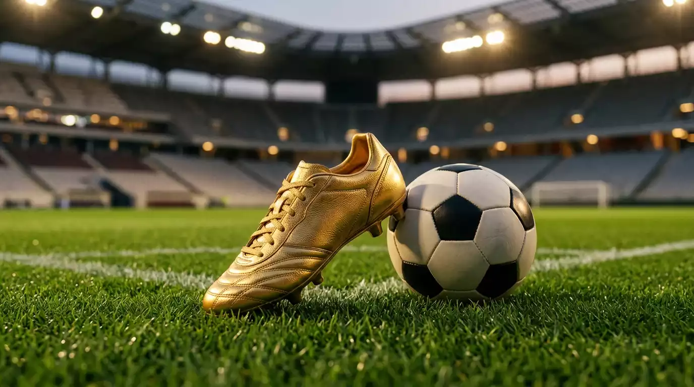 Trofeo dorado de máximo goleador junto a un balón sobre el césped iluminado