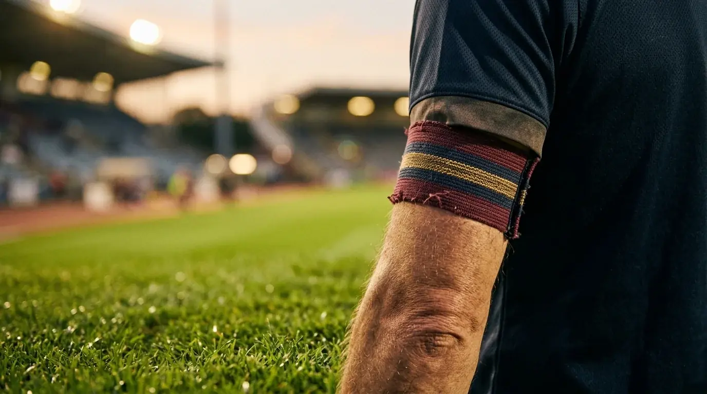 Brazalete de capitán sobre el brazo de un futbolista veterano en el césped iluminado de un estadio