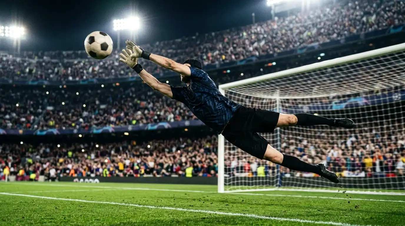 Arquero de fútbol lanzándose para atajar un balón en un estadio iluminado durante un partido del Mundial 2026